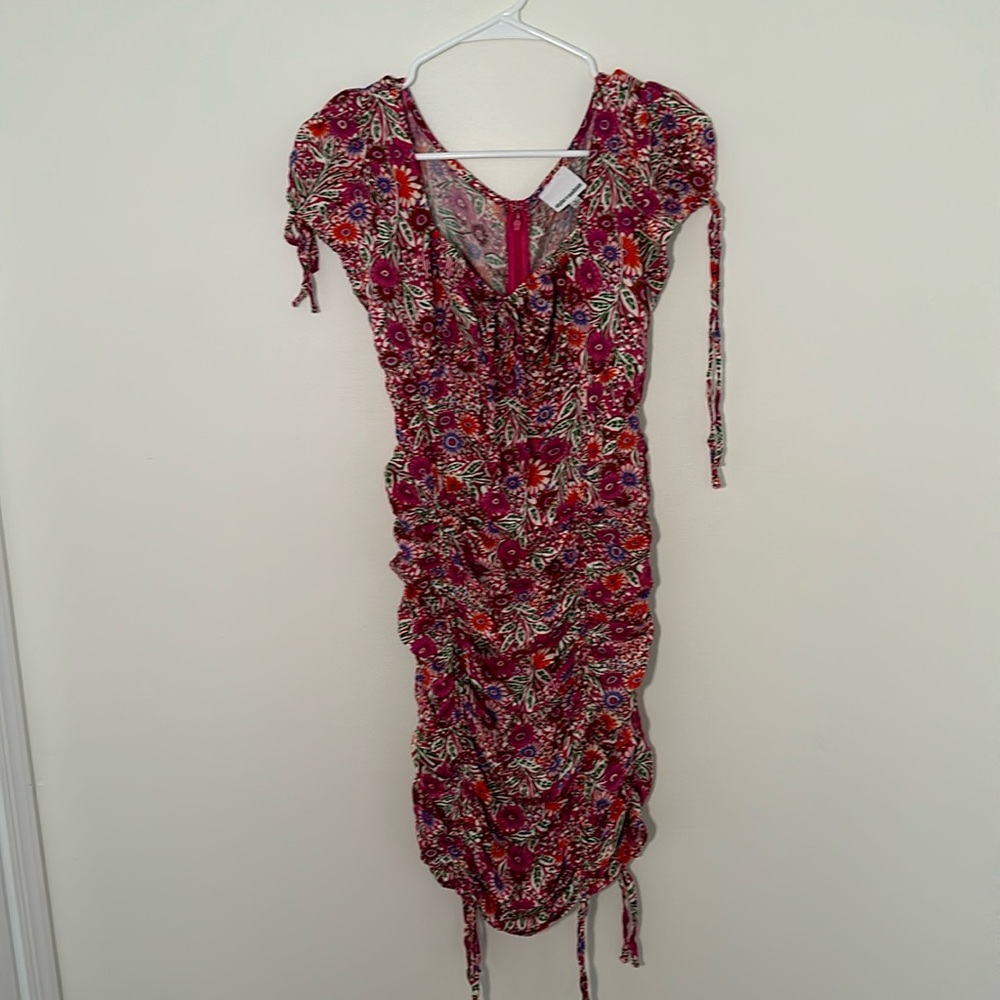 Pink floral short sleeve bodycon mini dress with adjustable tie details